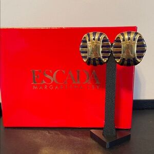 Vintage Escada Gold and Dark Purple Striped Clip-On Earrings *Box Included
